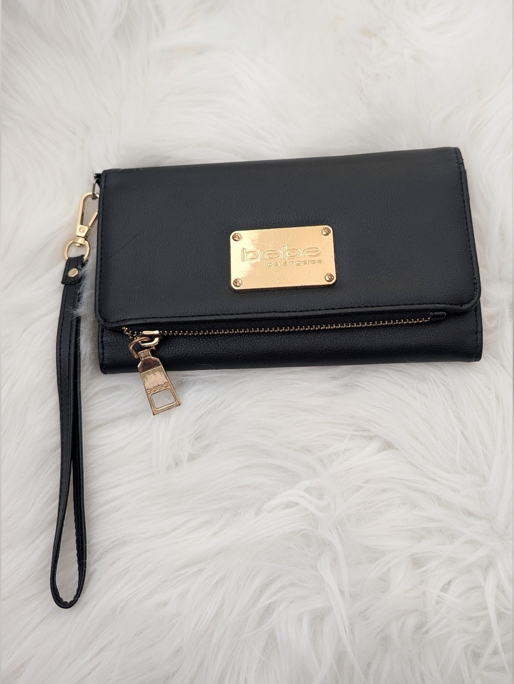 bebe Black Leather Wristlet Wallet with Gold Plate